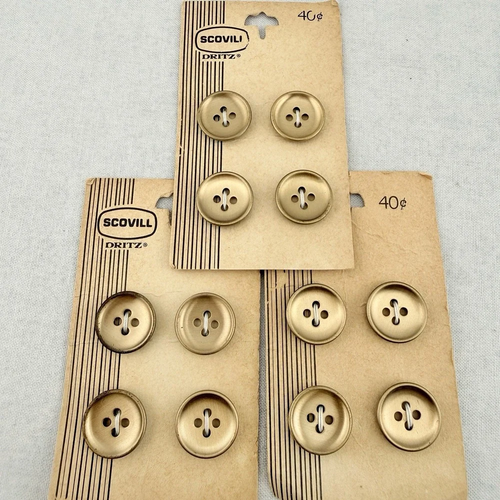 Vintage Scovill Dritz Gold Sewing Buttons NOS On Card 4 Hole MCM Mod Size 24